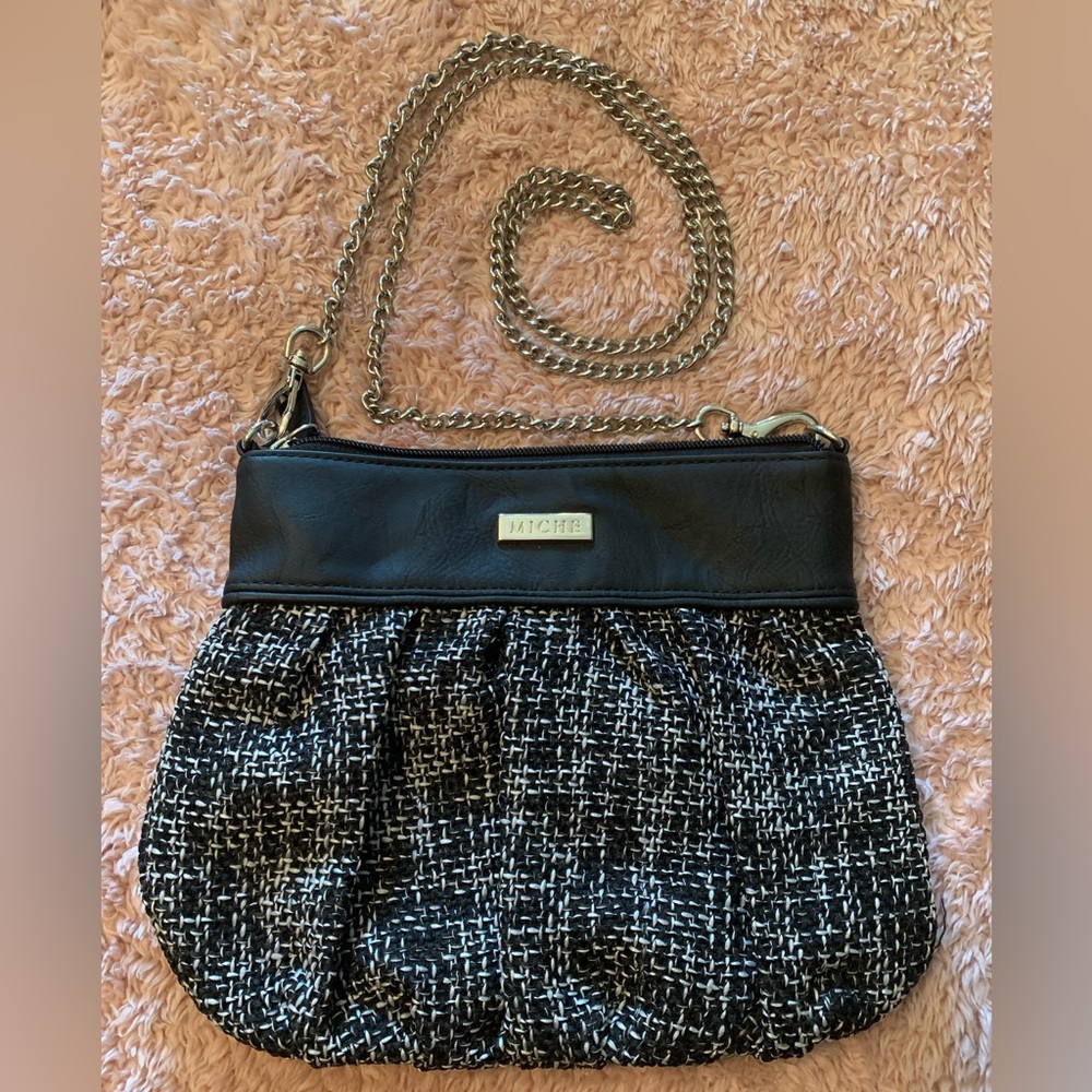 ❤️ 3/$15 Miche Black/White Fabric/Leather Crossbody Purse